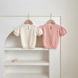 Summer Arrival Baby Kids Girls Comfortable Heart Pattern Knitted Short Sleeves Top