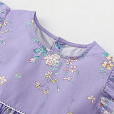Summer Arrival Cute Flowers Pattern Fly Sleeves Crew Neck Dress for Stylish Girls