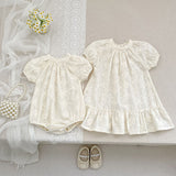 Summer Girls Solid Color Flowers Embroidery Short Sleeves Onesies and Girls’ Dress – Princess Sister Matching Set