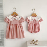 Summer Baby Girls French-style Flowers Embroidery Pattern Short-sleeved Onesies and Dress – Princess Sister Matching - MyKids-USA™
