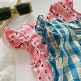 Summer Arrival Plaid Pattern Crew Neck Front-open Sleeveless Dress for Stylish Girls