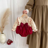 Autumn Arrival Baby Girls Long Sleeves Cherry Print Princess Butterfly-Bows Attached Onesies