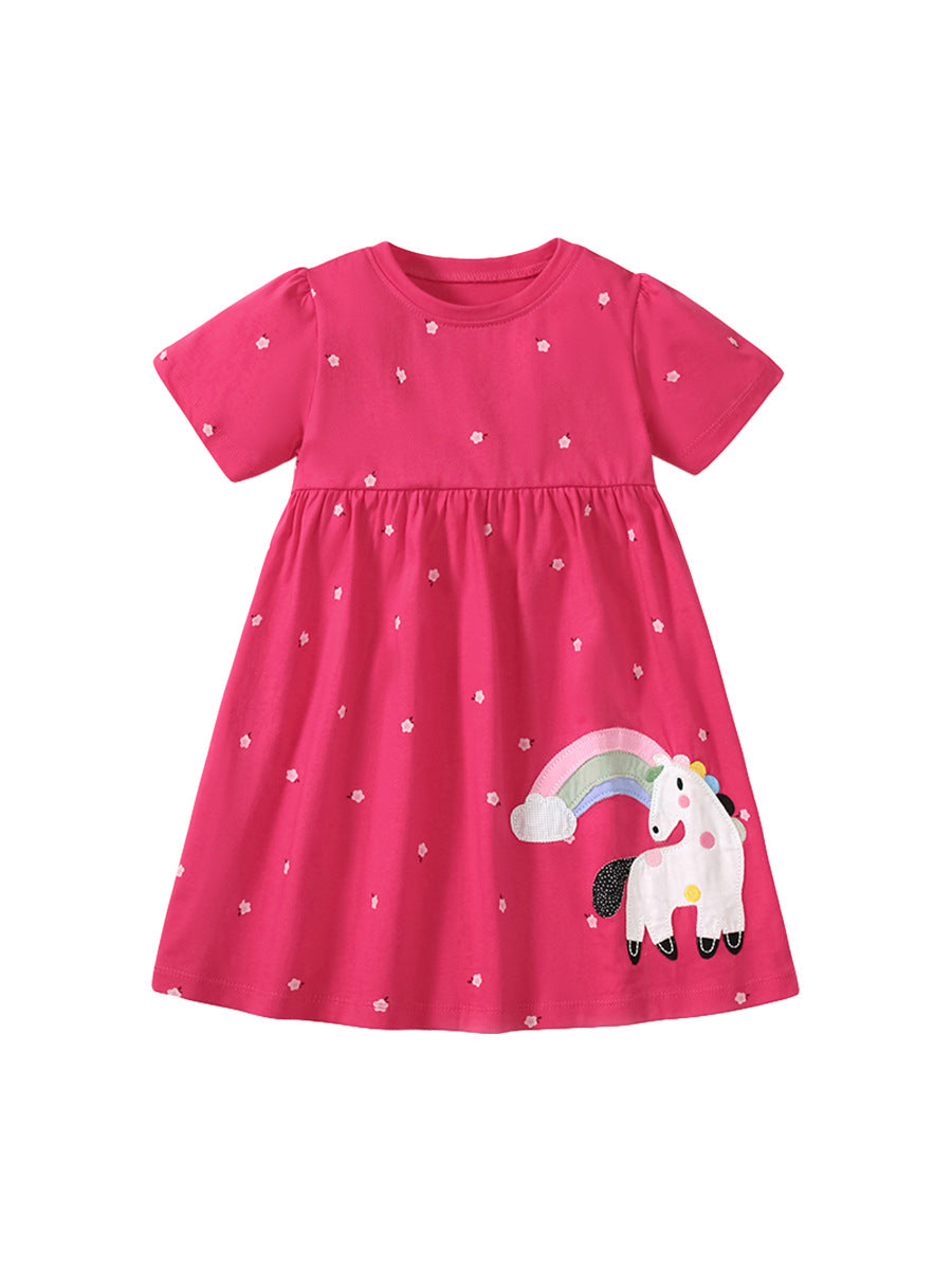 Spring And Summer Baby Girls Short Sleeves Rainbow Horse Floral Cartoon Dress - MyKids-USA™