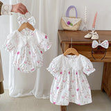 Summer Girls Flowers Pattern Short Sleeves Hollow Out Collar Onesies And Dress – Sister Matching Clothing Set