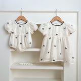 Summer Baby Kids Girls Butterfly Bows Pattern Short Sleeves Crew Neck Onesies And Girls’ Dress – Princess Sister Matching Set