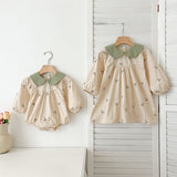 Arrival Autumn Baby Kids Girls Long Sleeves Floral Embroidery Pattern Peter Pan Collar Onesies and Dress – Princess Sister Matching Set