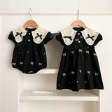 New Design Summer Baby Kids Girls Floral Pattern Collar Short Sleeves Bows Embroidery Onesies And Girls’ Dress – Princess Sister Matching Set - MyKids-USA™