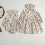 Adorable Baby Lace Collar Romper And Floral Print Girls’ Dress – Princess Sister Matching Set
