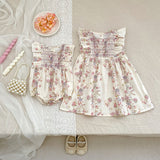 Summer Girls Arrival Floral Pattern Fly Sleeves Onesies and Girls’ Dress – Princess Sister Matching Set - MyKids-USA™