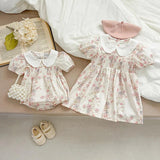 Arrival Summer Girls Peter Pan Collar Short Sleeves Floral Print Onesies And Dress – Princess Sister Matching Set - MyKids-USA™