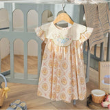 New Design Summer Kids Girls Vintage Floral Print And Embroidery Fly Sleeves Dress