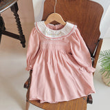 Spring and Autumn Pink Long-sleeved Dress with Floral Pattern Collar for Stylish Girls