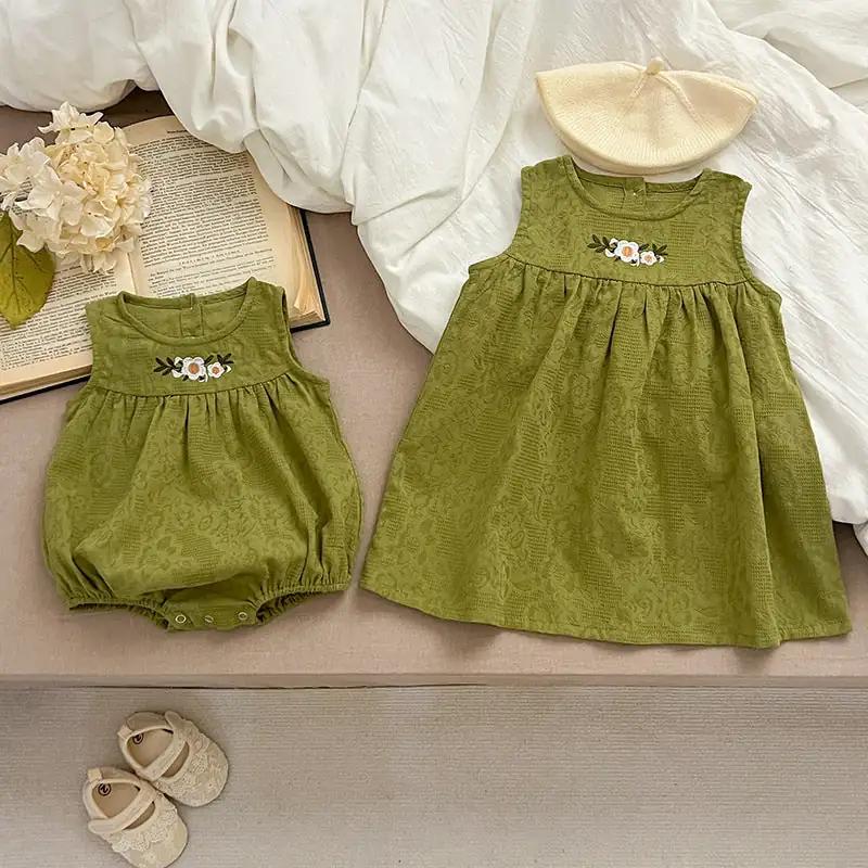 Summer Baby Girls Sleeveless Floral Embroidered Pattern Simple Dress And Onesie – Princess Sister Matching Set - MyKids-USA™