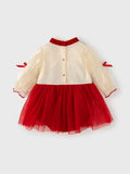 Autumn Tulle Dress Design Baby Girls Color Patchwork Long Sleeves Onesies with Stand Collar and Butterfly Bows - MyKids-USA™