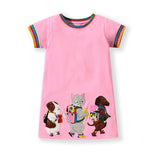 Summer Animals Pattern Short-sleeved Pink Dress with Colorful Striped Neck for Stylish Girls