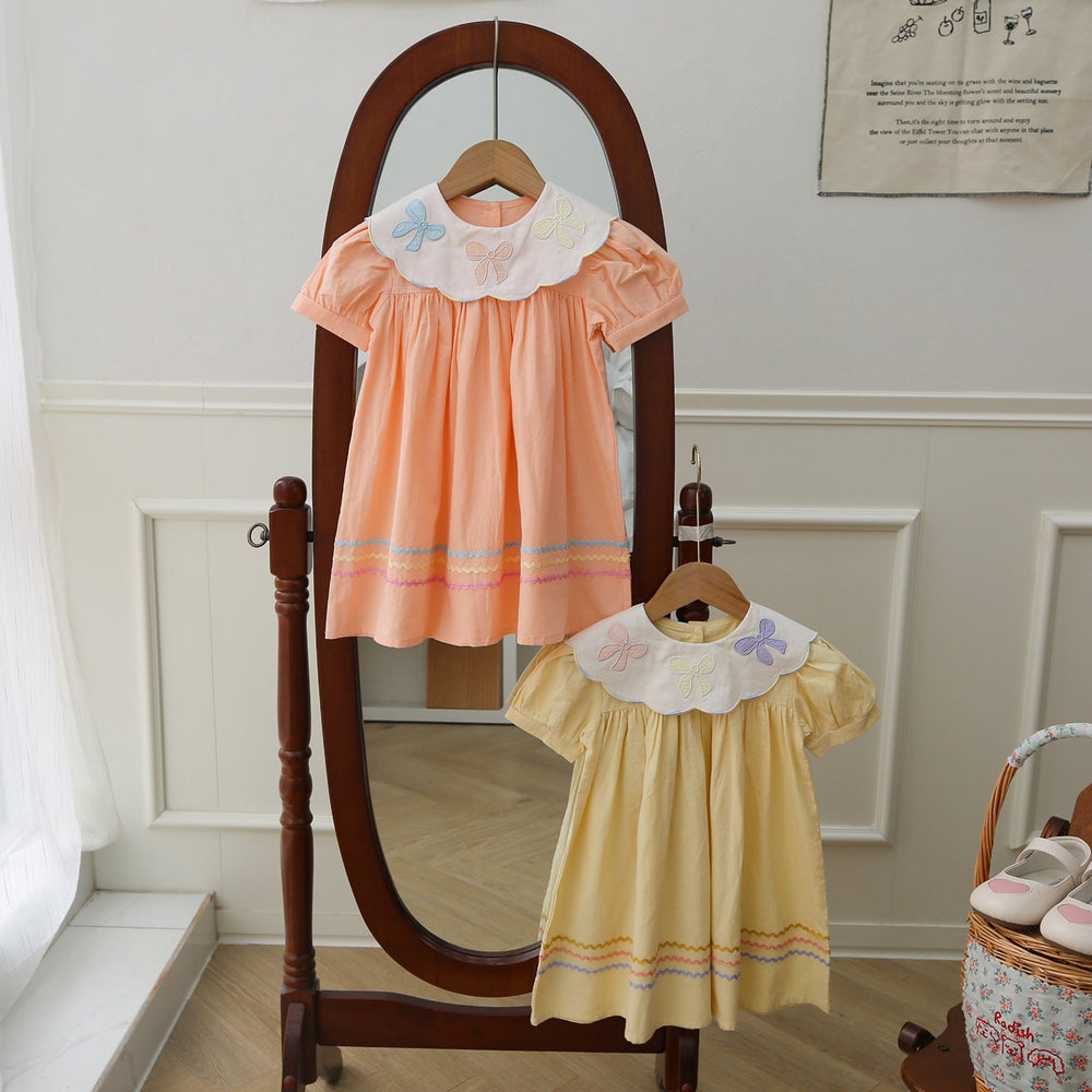 New Arrival Summer Kids Girls Colorful Bows Pattern Collar Short Sleeves Striped Dress - MyKids-USA™