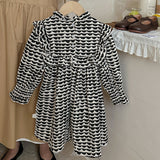 Arrival Autumn Girls Wave Print Stand Collar Ruffle Hem Dress