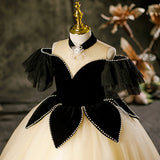 Princess Black Hostess Dress For Girls: Luxurious One-Shoulder Piano Performance Attire