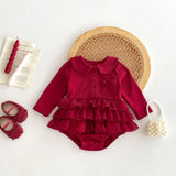 Autumn Arrival Baby Girls Long Sleeves Ruffle Solid Color Peter Pan Collar Onesies Dress