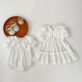 New Arrival Summer Baby Kids Girls Hollow Out Collar Short Sleeves Solid Color Floral Embroidery Onesies And Dress – Princess Sister Matching Set - MyKids-USA™