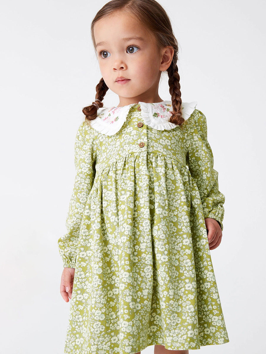 Arrival Autumn Girls Floral Print Embroidered Peter Pan Collar Long Sleeves Princess Dress - MyKids-USA™
