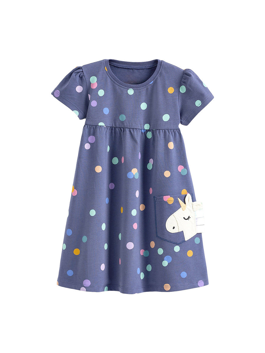 Spring And Summer Baby Girls Short Sleeves Polka Dots Dress With Unicorn Pocket - MyKids-USA™
