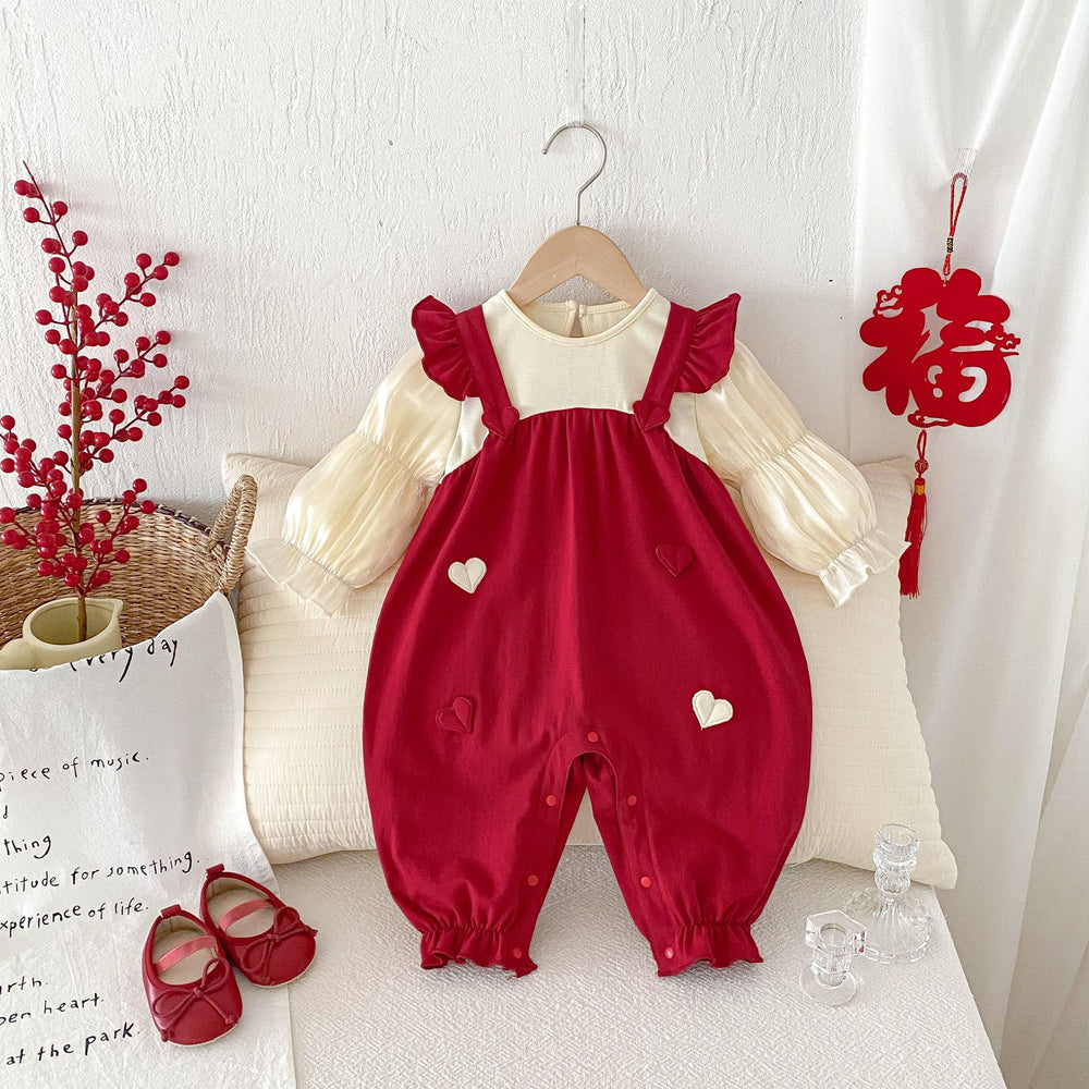 Spring Arrival Baby Girls Long Sleeves Heart Pattern Red Rompers - MyKids-USA™