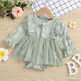 Baby Girl 1pcs Allover Grass Embroidered Graphic Mesh Overlay Dress Longsleeve Onesies - MyKids-USA™