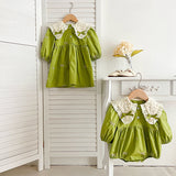 Spring Mesh Patched Design Long Sleeve Green Dress