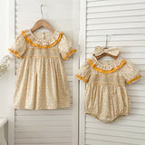 Summer Girls Floral Pattern Ruffle Collar Short Sleeves Onesies And Girls’ Dress – Princess Sister Matching Set - MyKids-USA™