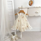 New Design Summer Girls Floral Print Mesh Sleeveless Strap Onesies Dress