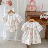 Summer Girls Flowers Pattern Short Sleeves Embroidery Collar Onesies And Dress – Sister Matching Clothing Set - MyKids-USA™