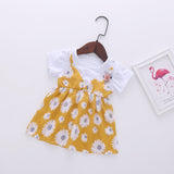 Baby Girl Little Daisy Print Pattern False Two-Piece Patchwork Design Round Collar Short-Sleeved Dress