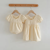 Summer Girls Solid Color Simple Square Neck Onesies And Girls’ Dress – Princess Sister Matching Set - MyKids-USA™