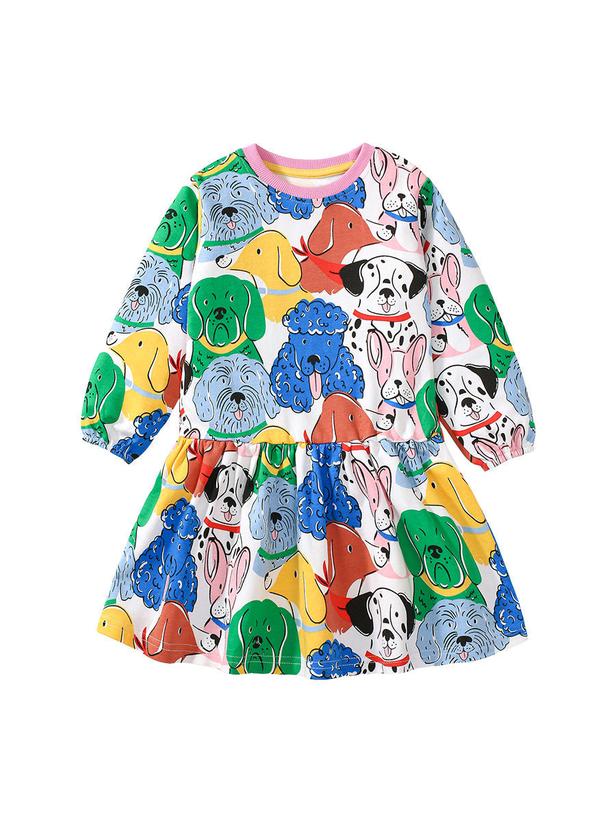 Design Autumn Girls Vivid Colorful Dogs Pattern Dress - MyKids-USA™