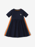Summer Puppy Logo Short-sleeved Striped Dress with Crew Neck for Stylish Girls