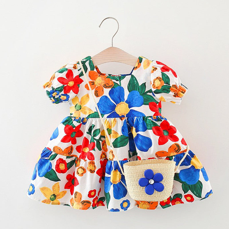 Baby Floral Pattern Short Sleeve Crewneck Dress with Purse - MyKids-USA™