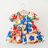Baby Floral Pattern Short Sleeve Crewneck Dress with Purse - MyKids-USA™
