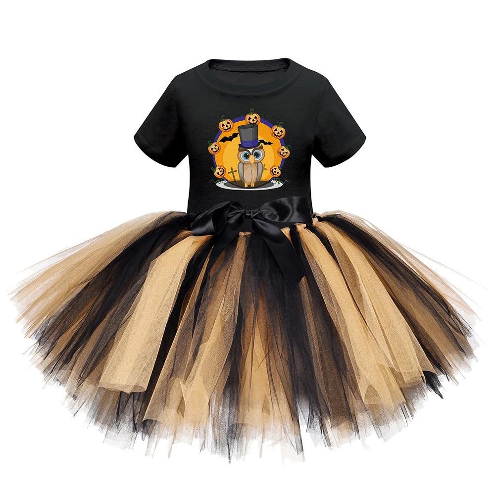 Arrival Girls’ Halloween Costume: Short Sleeves Cartoon Print Witches Cosplay Party Tulle Patchwork Dress - MyKids-USA™