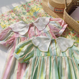 Summer Arrival Baby Kids Girls Short Sleeves Geometric Pattern Embroidered Striped Dress - MyKids-USA™