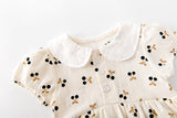 Baby Girls Cherry Print Doll Collar Design Neck Buttoned Puff-Sleeved Dress Onesies