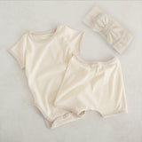 Baby Unisex Solid Color Comfy Cotton Onesies & Shorts Sets With Headband - MyKids-USA™