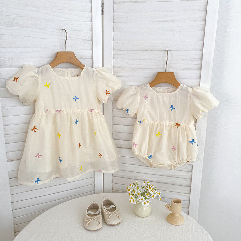 Arrival Summer Baby Kids Girls Butterfly Bows Pattern Short Sleeves Crew Neck Onesies and Girls’ Dress – Princess Sister Matching - MyKids-USA™