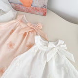 Summer Arrival Sleeveless Flowers Pattern Butterfly-bow Decorated Collar Dress for Stylish Girls