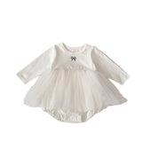 Spring Arrival Baby Girls Long Sleeves Crew Neck Onesies Bodysuits Tulle Patchwork Dress