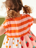 Summer New Arrival Girls Short Sleeves Striped Strawberry Print Dress