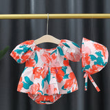 Baby Girl Flower Graphic Square Neck Fashion Onesies Dress With Hat