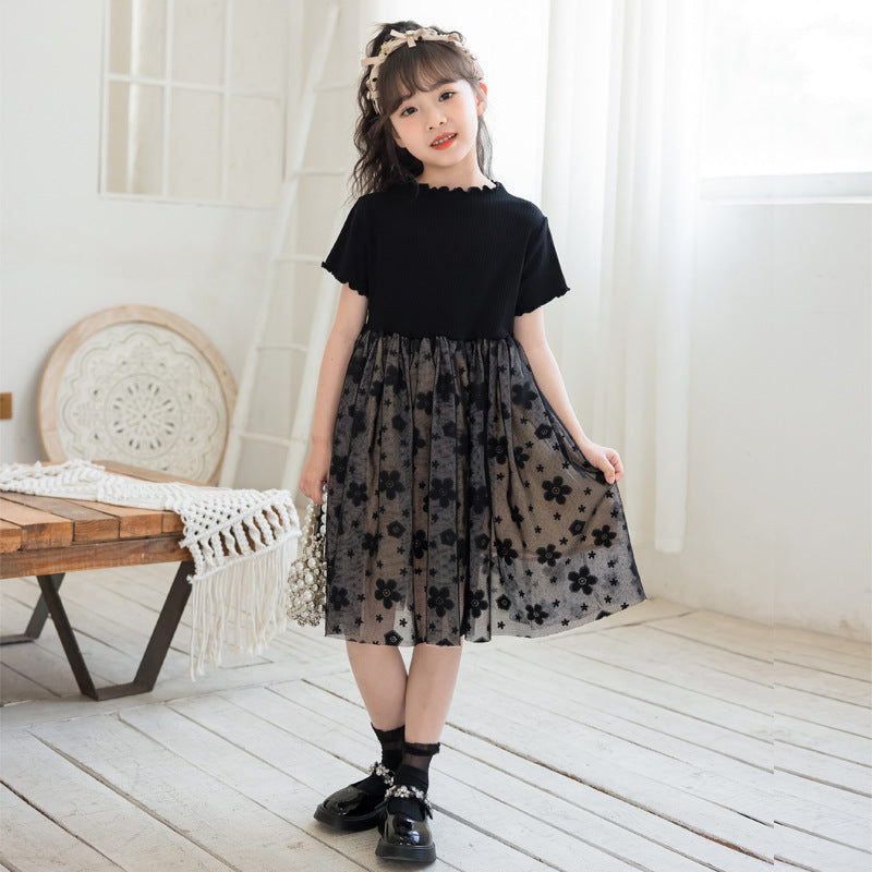 Solid Black Short Sleeve Mesh Dress For Children Girl - MyKids-USA™