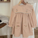 Design Autumn Girls Rabbits and Mushrooms Embroidery Pattern Long Sleeves Pocketed Dress - MyKids-USA™