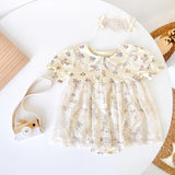 Baby Girls Floral Print Embroidered Lace Patchwork Design Doll-Neck Onesies Dress - MyKids-USA™